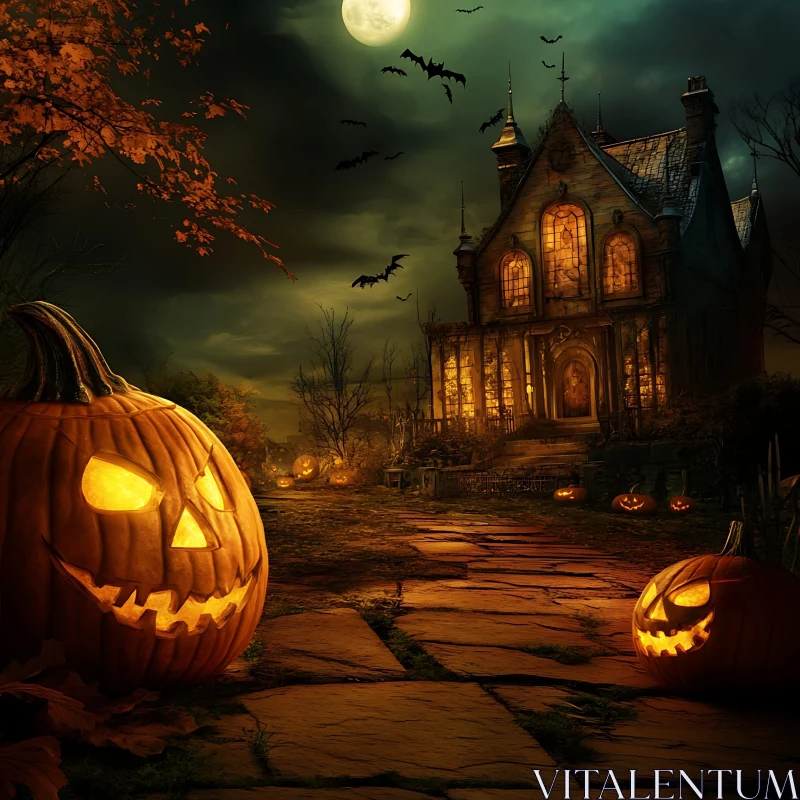 AI ART Eerie Halloween Night with Haunted House and Pumpkins