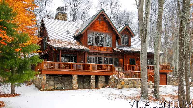 Wooden Cabin Snowfall AI Image