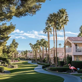 Peaceful Suburban Scene with Lush Gardens and Palm Trees