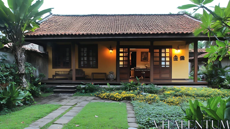 Traditional Home with Tiled Roof and Vibrant Garden AI Image