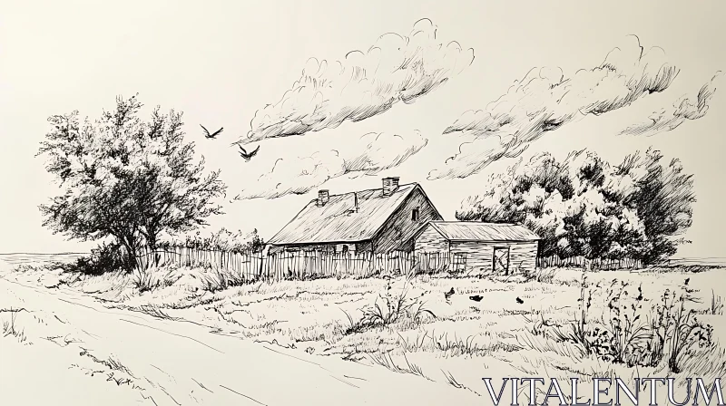 AI ART Rural House Sketch in Black and White