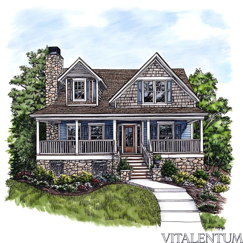 Cozy Cottage Drawing with Detailed Architectural Elements AI Image