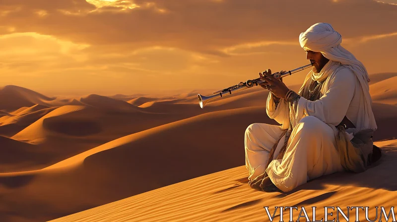 Serene Desert Sunset with Musician AI Image