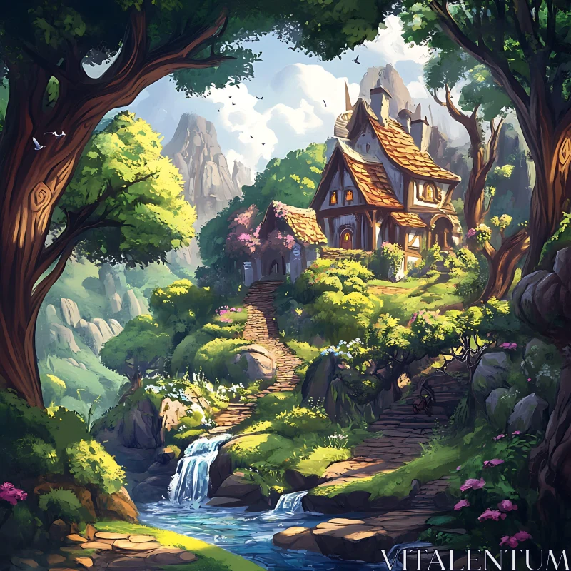 Serene Cottage in a Picturesque Forest AI Image