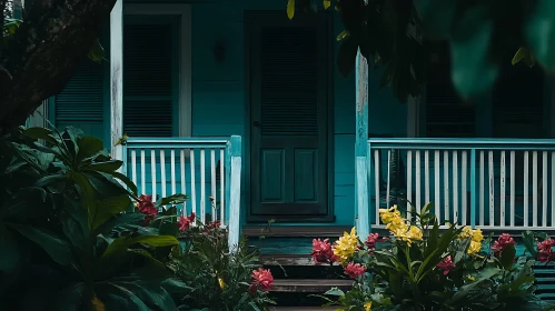 Serene Blue Porch with Lush Greenery and Colorful Flowers