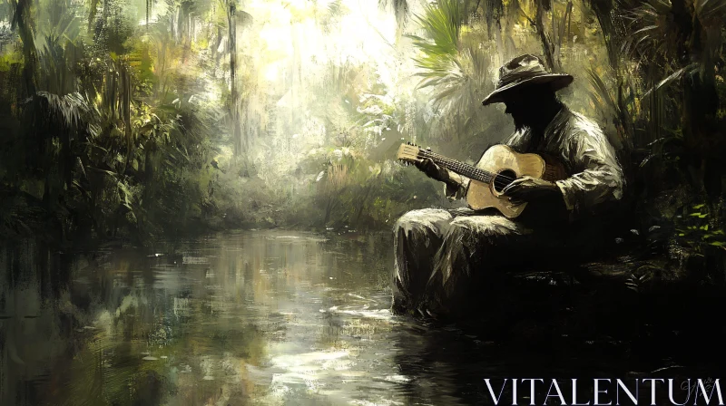 Serene Forest Scene with Guitarist AI Image