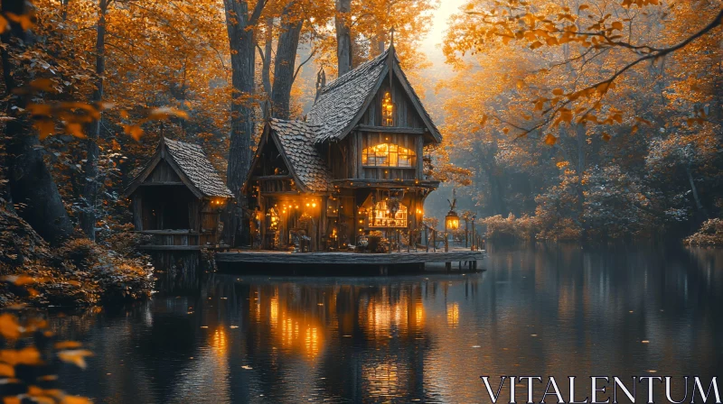 Autumn Cabin in the Woods by a Peaceful Lake AI Image