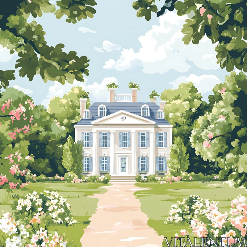 Grand White House with Beautiful Garden AI Image