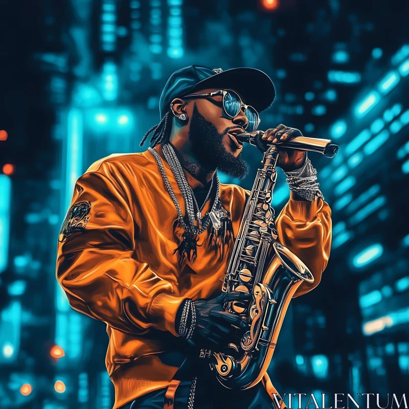 Urban Saxophonist Night Performance AI Image