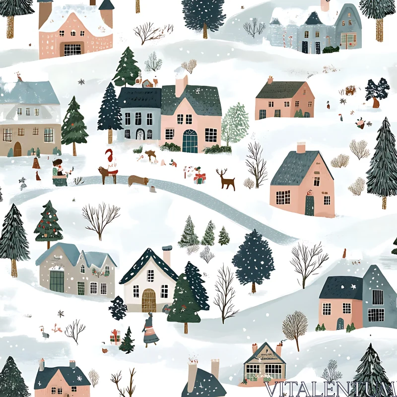 Festive Winter Village Illustration