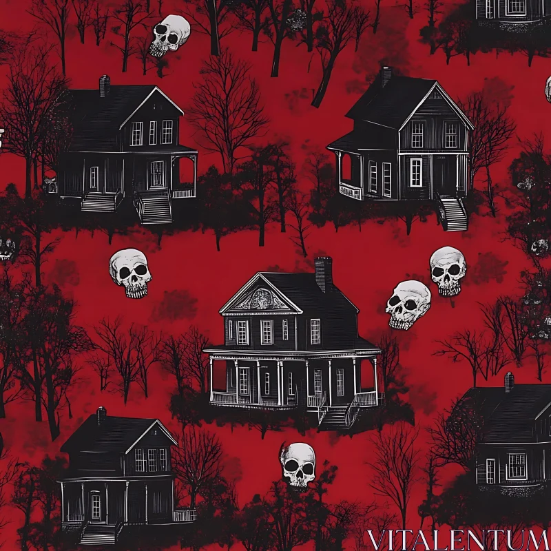 Mystery Artwork with Haunted Houses and Skulls