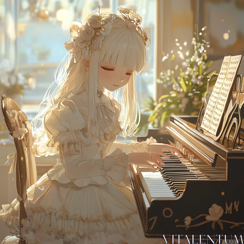 Serene Anime Scene with Vintage-Clad Girl at Piano