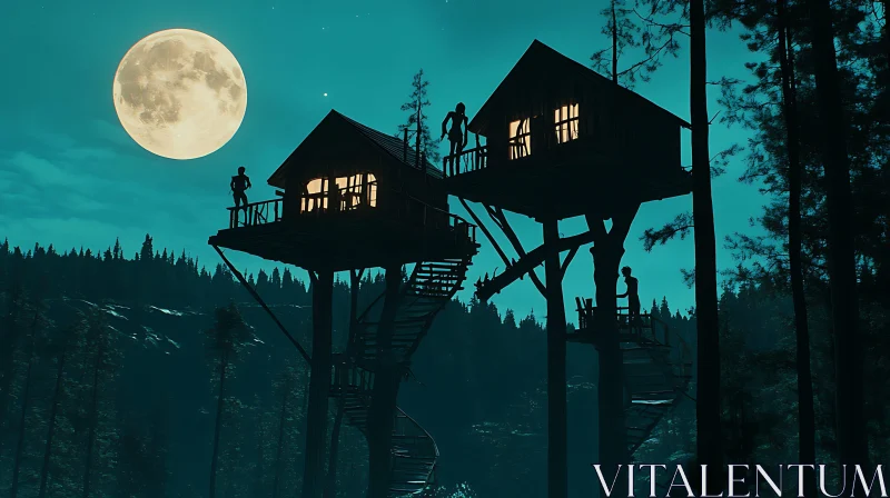 Moonlit Treehouses in Night Forest