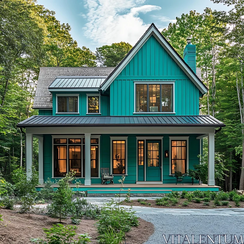 Charming Contemporary Green House in the Woods AI Image