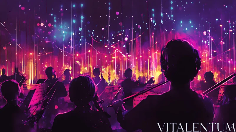 Orchestra Silhouettes in Colorful Neon Abstract AI Image