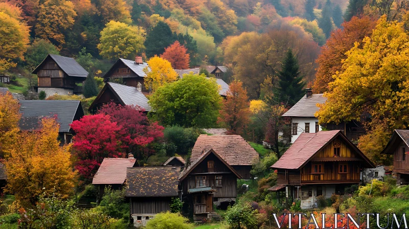 AI ART Rustic Village in Vibrant Autumn Forest