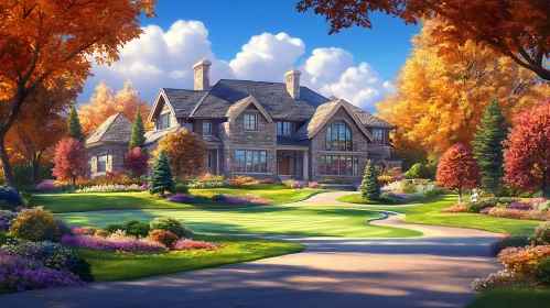 Picturesque Autumn Landscape with Stone House