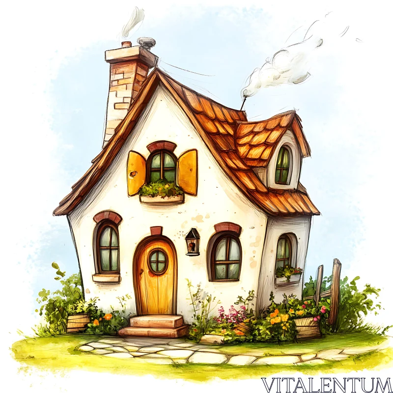 Whimsical Cottage with Red-Tiled Roof AI Image