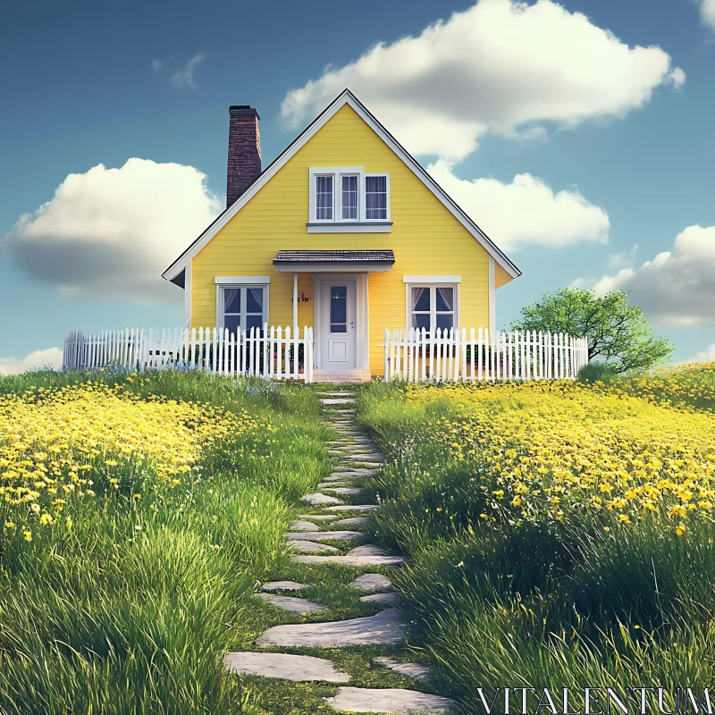 Yellow Cottage Surrounded by Nature AI Image