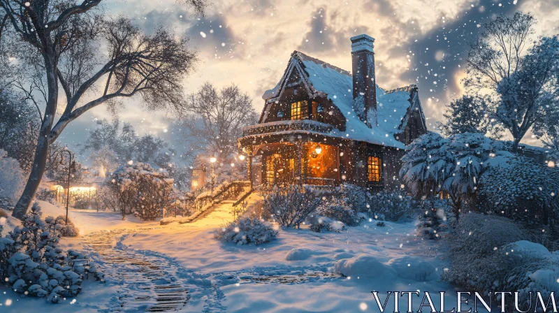 AI ART Cozy Winter Evening by the Cottage