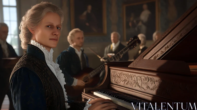 Historical Piano Player in 18th-Century Attire AI Image