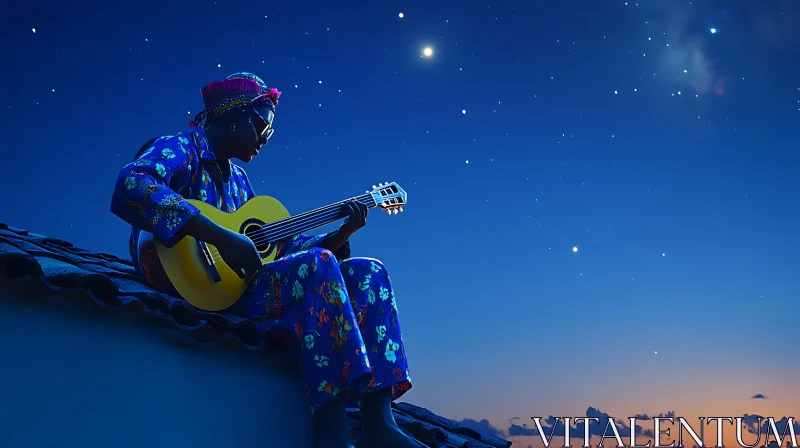 Rooftop Musician at Night with Guitar AI Image