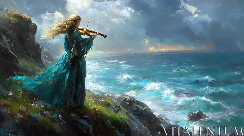 Violinist on a Cliff with Ocean Waves AI Image