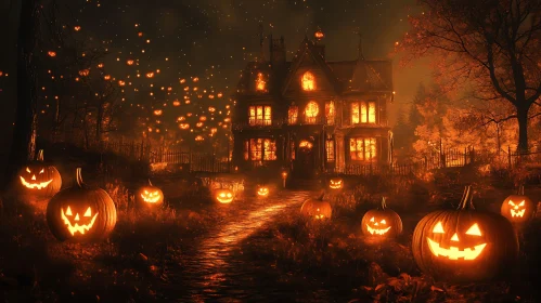 Eerie Haunted House and Carved Halloween Pumpkins