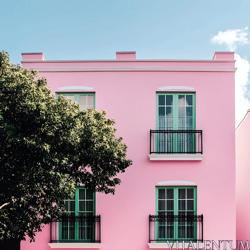 AI ART Pink Building with Balconies and Tree