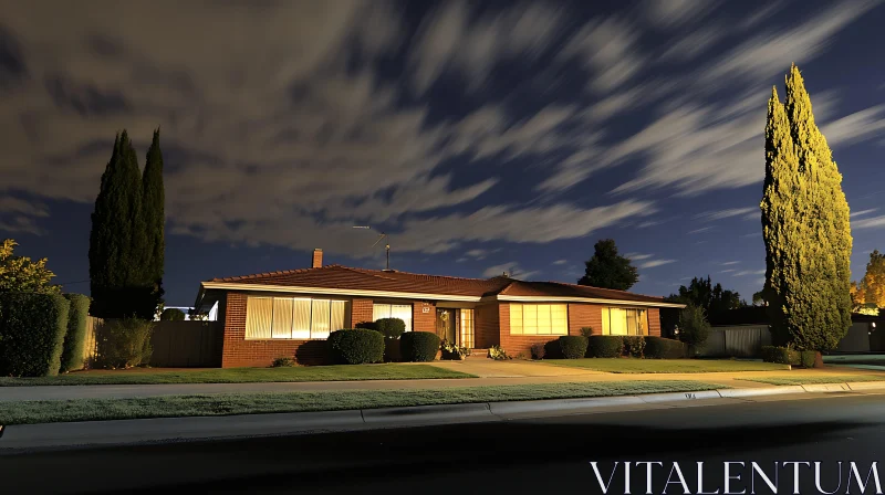 AI ART Nighttime Suburban Home with Cypress Trees