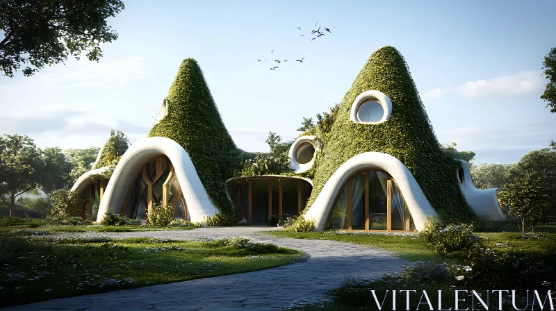 Sustainable House with Plant-Covered Roofs AI Image