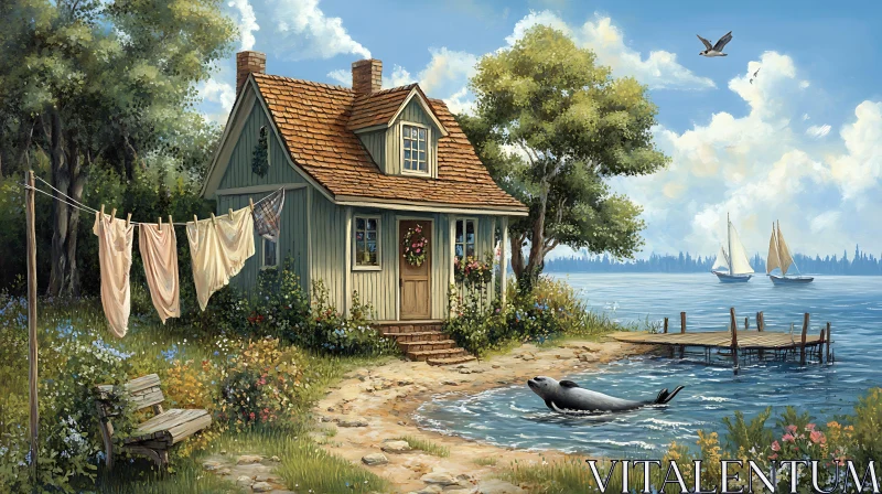 Tranquil Seaside Cottage with Flowers and Sailboats AI Image