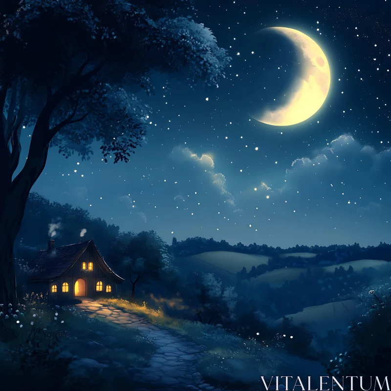 AI ART Serene Crescent Moon Scene Over Illuminated Cottage