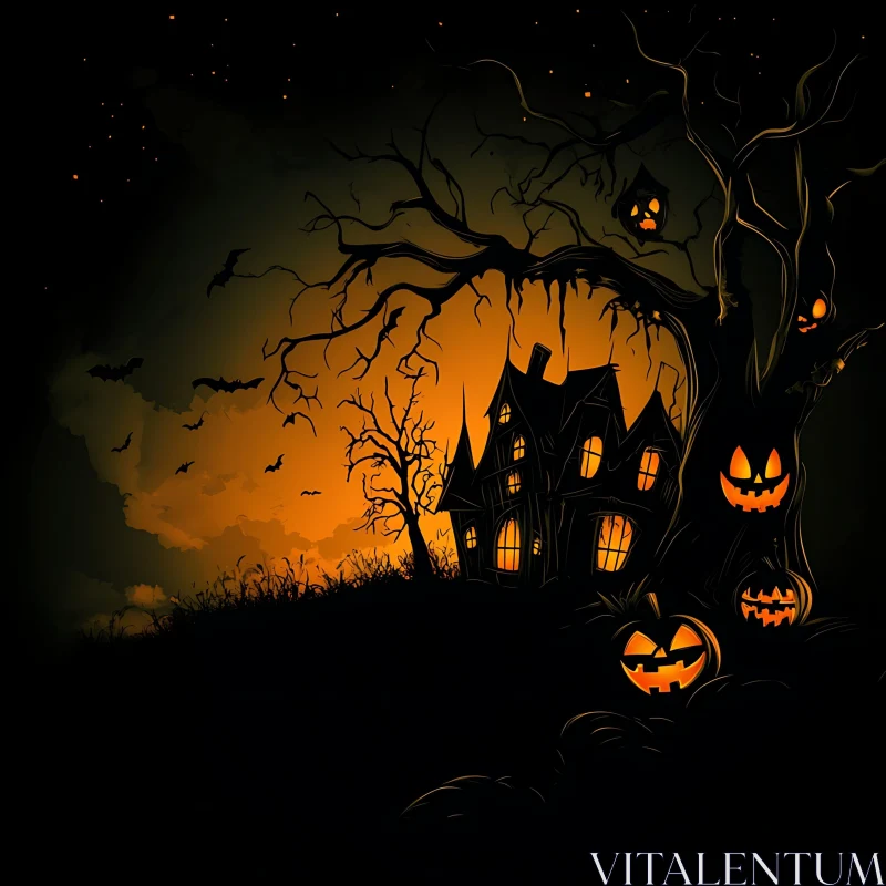 Spooky Halloween Night with Haunted House AI Image