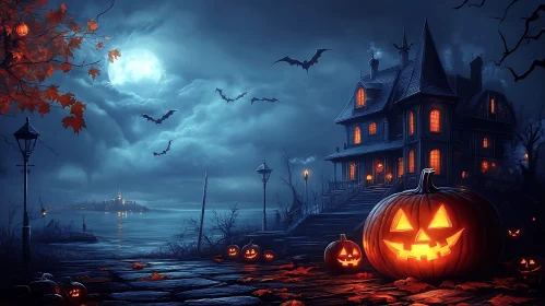 Eerie Halloween Night with Haunted House and Pumpkins