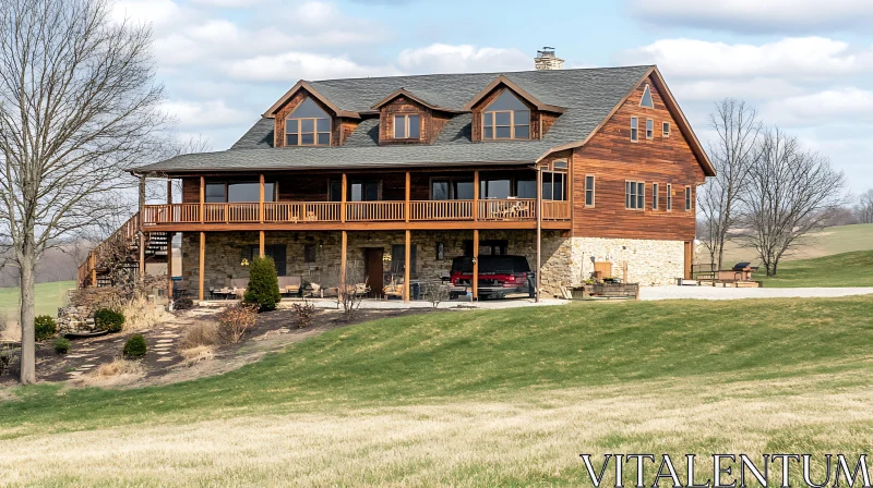 Countryside Serenity: Wooden House with Porch AI Image