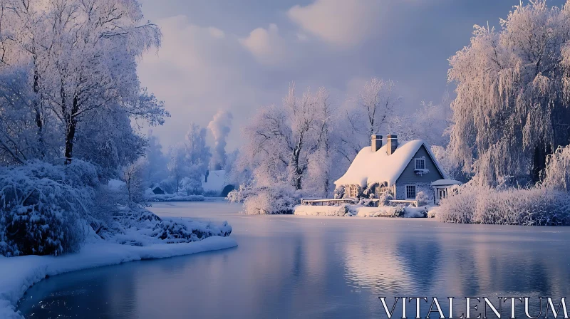 Tranquil Snow-Covered Cottage and Lake AI Image