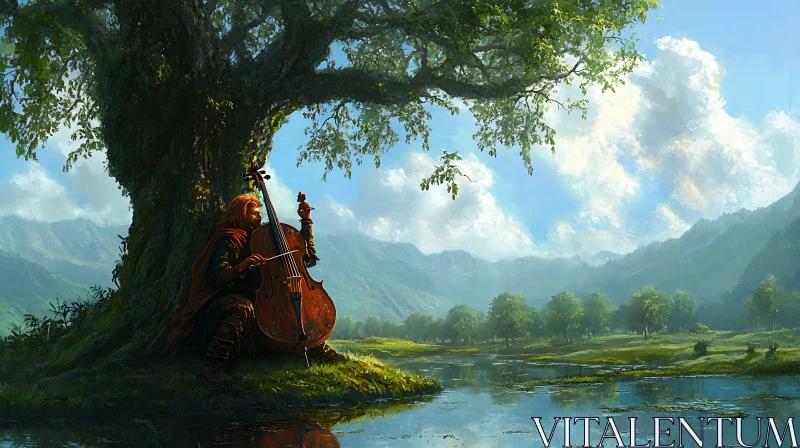 Peaceful Pond and Musician Under Tree AI Image