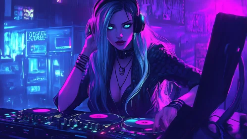 Futuristic DJ Mixing Tracks in Neon Glow