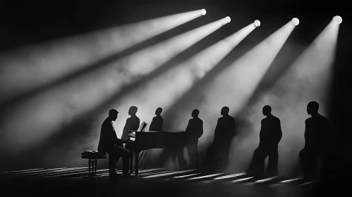 Mystical Piano Performance in Black and White