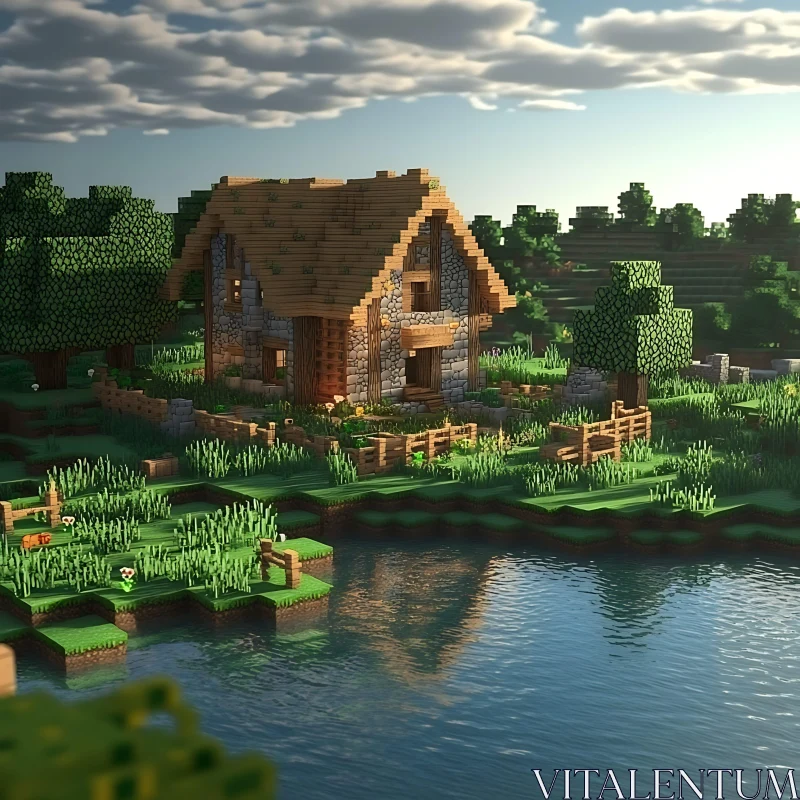 Pixelated Cottage in a Lush Green Landscape AI Image