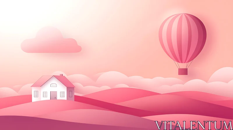 Whimsical Countryside Landscape with Pink Balloon AI Image