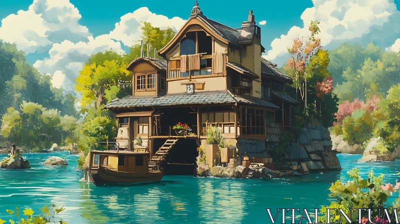 AI ART Rustic House on a Tranquil Lake