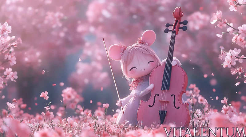 Whimsical Mouse with Cello among Pink Blossoms AI Image