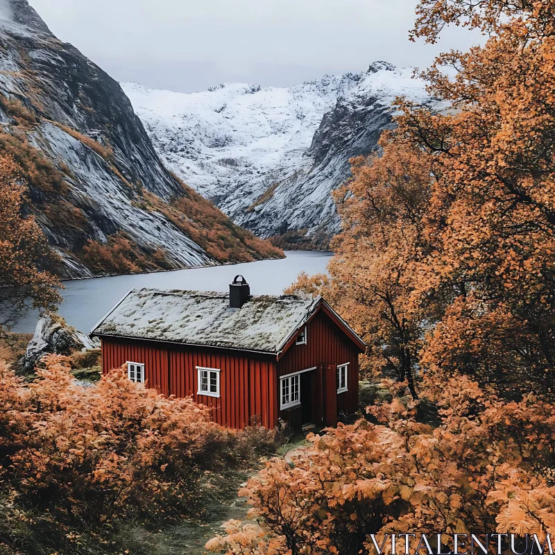 Cozy Autumn Cabin by the Lake with Majestic Mountain Views AI Image