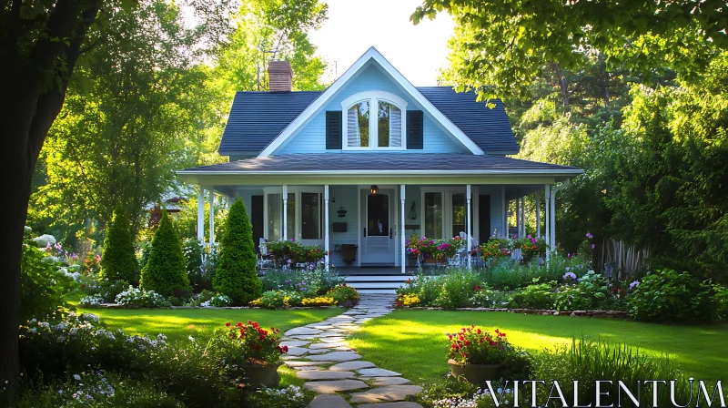 Beautiful Blue House with Green Garden and Tree Surroundings AI Image