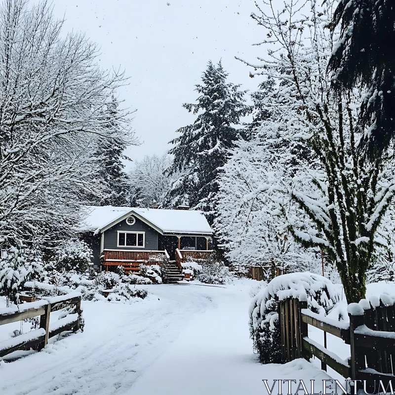 AI ART Idyllic Snow-Covered Cabin Amidst Winter Trees