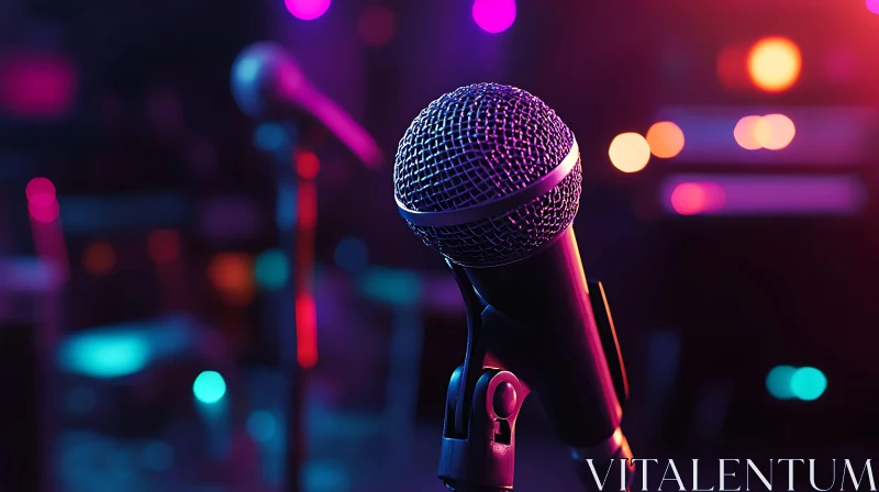 Microphone on Stage with Atmospheric Lighting AI Image