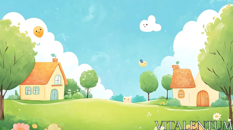 AI ART Whimsical Countryside Cartoon with Happy Clouds