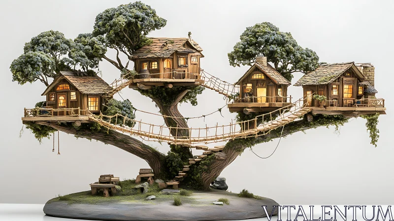 AI ART Cozy Treehouse Village Miniature